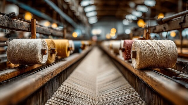 Giant textile loom with khaki and off-white threads in traditional factory workshop, intricate metal and wooden structure, detailed yarn and roller textures