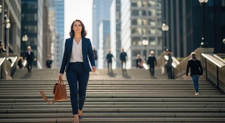 Obraz premium A confident businesswoman walks purposefully up a grand staircase in a bustling city. She wears a navy blue suit, a white blouse, and carries a brown leather briefcase.