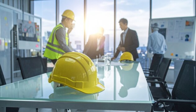 Professional engineers and business team discussing construction project in modern glass office, safety helmets on table, corporate teamwork atmosphere, realistic office lighting, premium business com