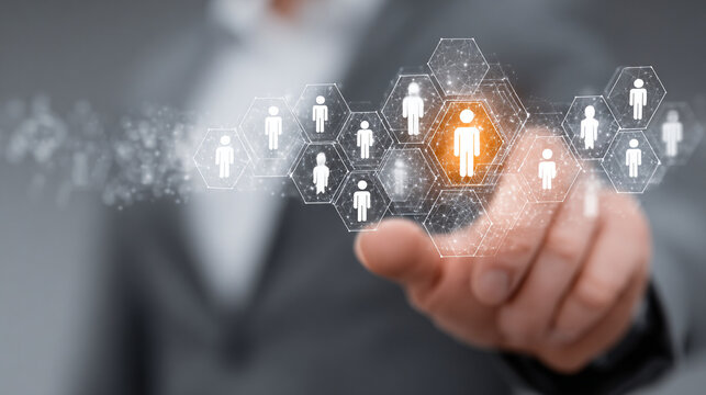 Business professional using digital interface to implement change management strategy in modern office setting