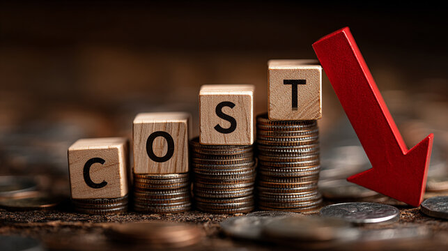 Concept of cost reduction with stacked coins and decreasing arrow in financial setting