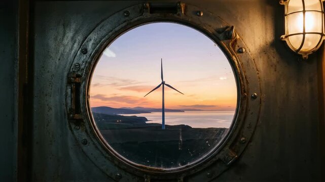 Cinematic porthole view of wind turbine at sunset, industrial metal ship window with rivets and warm lantern light, renewable energy landscape