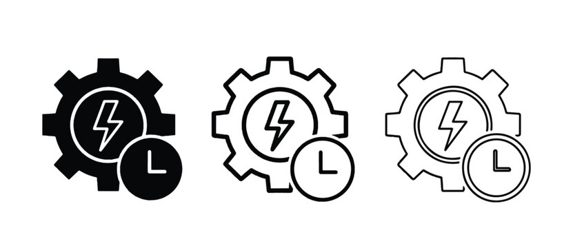 Gear with lightning bolt and clock icon - Glyph and solid icon set - Icon vector - logo icons. Blue, Black and white icons
