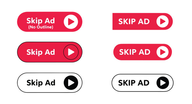Skip ad button set for video media - Glyph and solid icon set - Icon vector - logo icons. Blue, Black and white icons