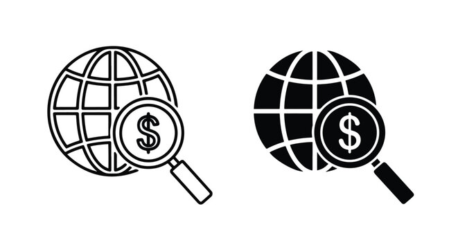 Global search money icon flat design - Clipart, sticker - icon set - Line and glyph solid icon and logo template 