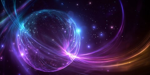 Naklejka premium Abstract glowing orb with swirling neon lines on a dark starry background, vibrant cyberspace themed digital art for technology, innovation, and science concepts