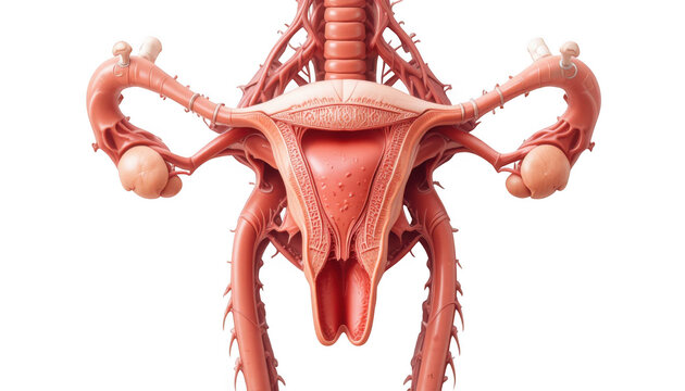 Detailed view of human female reproductive system with uterus and fallopian tubes in medical illustration style