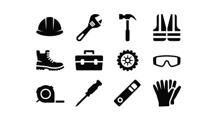 Fototapeta premium Black and white vector icons of construction tools and safety gear including helmet wrench hammer boots and gloves
