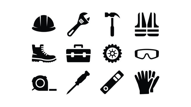 Black and white vector icons of construction tools and safety gear including helmet wrench hammer boots and gloves
