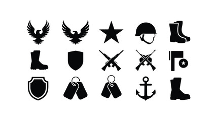 Military themed vector icons including wings boots shields guns anchor and dog tags isolated on white © Suranjana