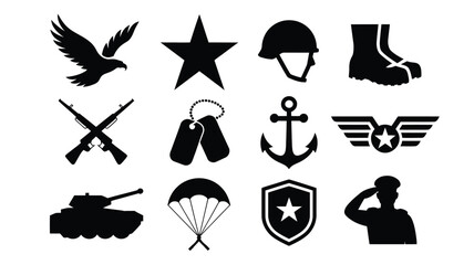 Military themed vector icons including eagle star helmet boots rifles dog tags anchor wings tank parachute shield and soldier saluting bold black silhouettes on white background © Suranjana