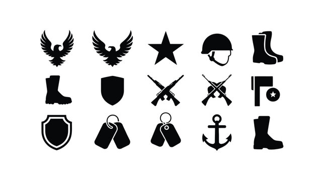 Military themed vector icons including wings boots shields guns anchor and dog tags isolated on white