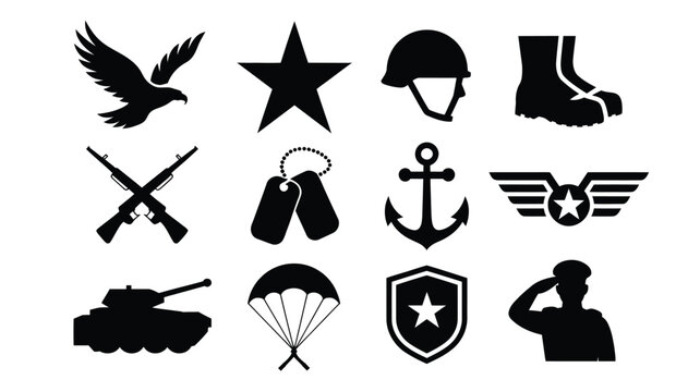 Military themed vector icons including eagle star helmet boots rifles dog tags anchor wings tank parachute shield and soldier saluting bold black silhouettes on white background