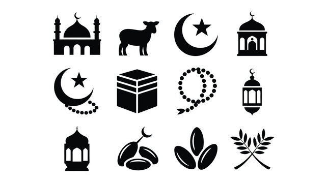 Clean vector illustration featuring islamic symbols including mosque crescent moon prayer beads lantern and dates
