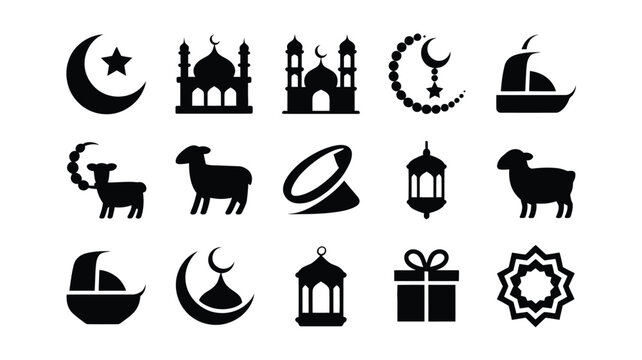 Cultural symbols vector set islamic crescent mosque lantern sheep boat star gift geometric pattern black minimalist illustration