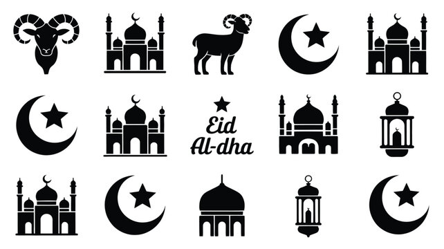 Minimalist eid al adha silhouettes featuring mosques crescent moons stars and a ram for festive cultural celebration