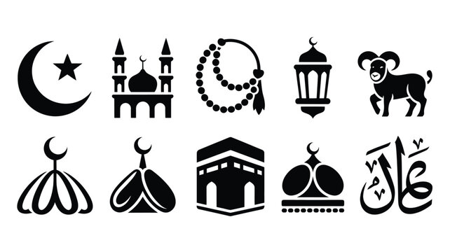 Black and white vector illustrations featuring islamic symbols including crescent moon mosque prayer beads lantern ram prayer mat kaaba and arabic calligraphy