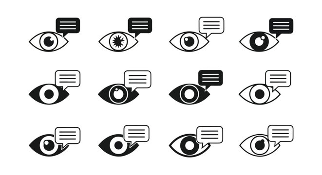 Human eye with speech bubble icon set - Glyph and solid icon set - Icon vector - logo icons. Blue, Black and white icons