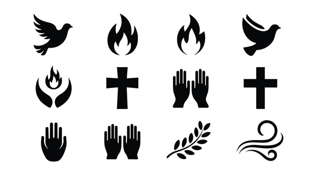 Sacred symbols of faith and spirituality collection dove flame praying hands cross olive branch and wind for religious spiritual and inspirational concepts