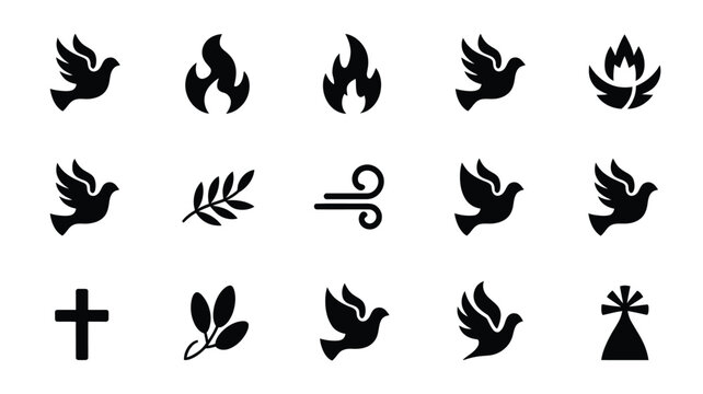 Vector icons of peace symbols doves flames wind cross and olive branches on white background