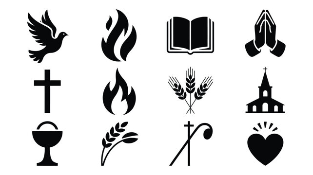 Vector graphic design featuring christian symbols and icons on white background