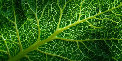 Obraz premium Close-up view of vibrant green plant tissue with intricate cellular structure and detailed leaf veins, showcasing natural vascular network and chloroplast distribution