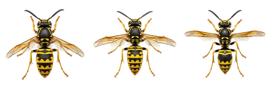 Wasp top view, Vespula germanica, german wasp dorsal perspective, Vespidae family, thoracic scutum longitudinal lines, abdominal tergites diamond spots symmetry, wing folding alignment
