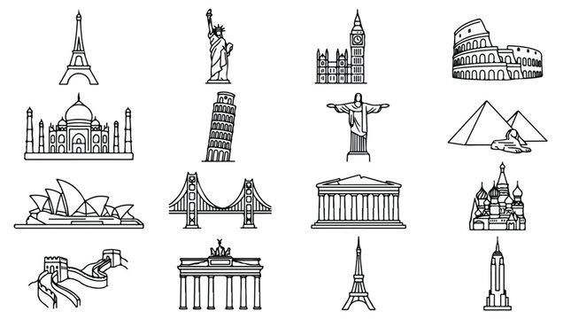 World landmarks line icons set, 16 famous global monuments and travel destinations, minimalist architectural vector symbols for tourism and vacation