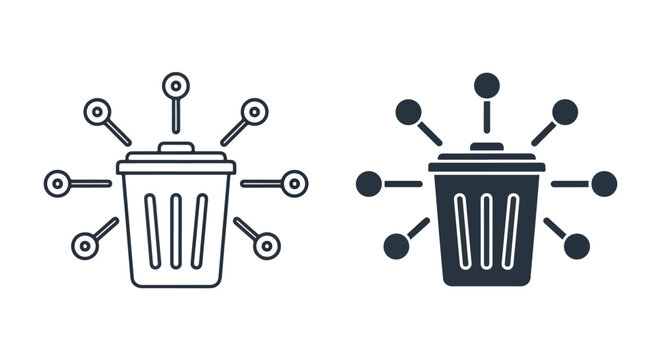 Trash bin icon with data deletion concept - Glyph and solid icon set - Icon vector - logo icons. Blue, Black and white icons