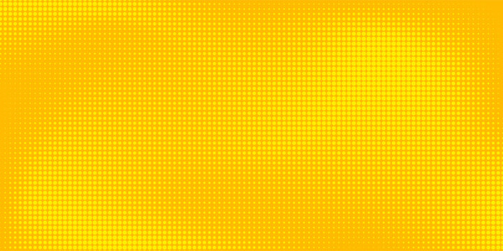 Yellow orange halftone background. Retro comic gradient pattern. Bright hot pixelated dotted texture overlay. Cartoon pop art faded grain backdrop for poster, banner, advertisement, brochure. Vector