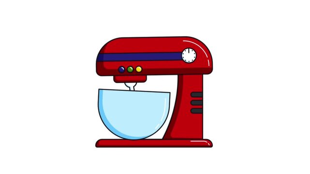 Animated red electric stand mixer with glass bowl, flat vector style kitchen equipment concept