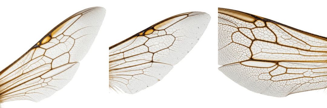 Bee wings detail, Apis mellifera, forewing marginal cells venation pattern, Apidae family, pterostigma spot grid, hindwing submarginal cells linkage line, flight propulsion anatomy