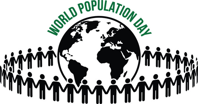 World Population Day concept vector illustration with people silhouette holding hands around the planet earth globe isolated on white background.