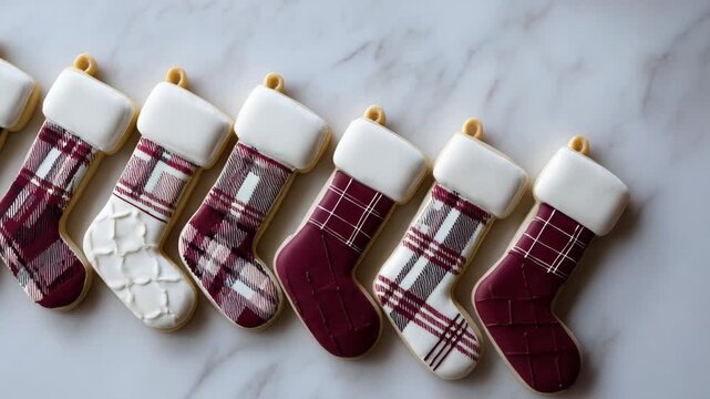 Decorative holiday cookies shaped like stockings in rich colors