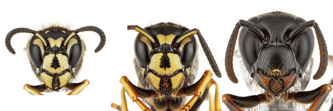 Wasp head detail, Dolichovespula maculata, bald-faced hornet cephalic shield capsule, Vespidae family, frons black white contrast mask, robust mandible muscle housings articulation