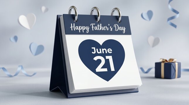 Desk calendar showing june 21 with heart shape for happy father's day celebration with gift and ribbons fathers day twenty first 3D render important date