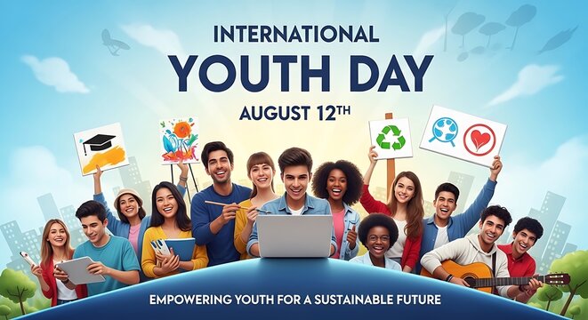 Youth celebrating International Youth Day with eco-friendly symbols