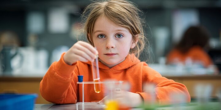 Young girl conducting science experiment with test tube and beaker in laboratory setting, demonstrating curiosity and learning in a classroom environment