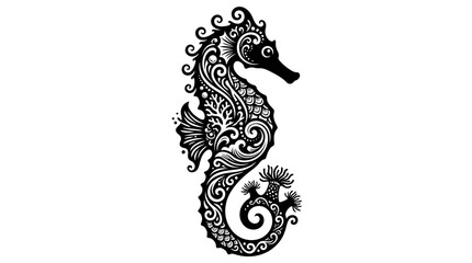 Ornate Black Seahorse Silhouette with Intricate Swirl Patterns, Elegant Marine Animal Art on Isolated White Background © Makarya