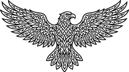 Obraz premium Majestic Tribal Eagle Spreading Wings, Intricate Ornamental Patterns, Isolated White Background.