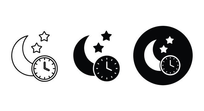 Night time clock icon set with stars - Clipart, sticker - icon set - Line and glyph solid icon and logo template 