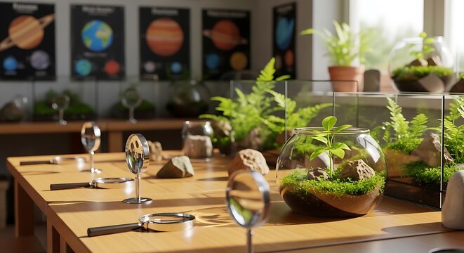 Science students examine plants in a classroom laboratory setting with educational posters