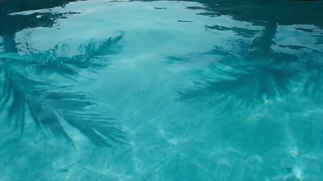 Clear blue swimming pool water reflecting dark palm tree shadows on a sunny summer day
