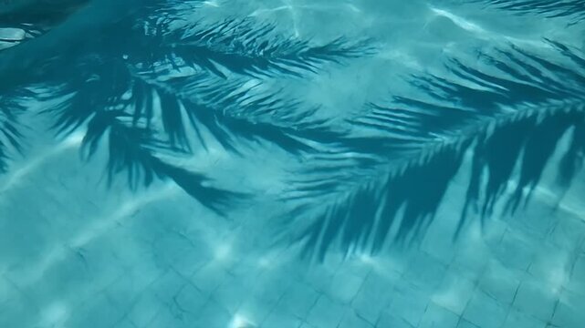 Dark palm leaf shadows cast on the clear blue rippling water of a sunny swimming pool
