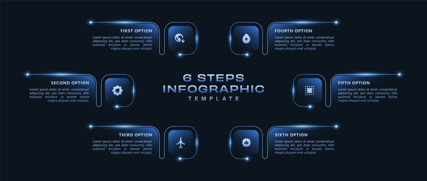 Modern blue infographic with 6 connected steps, futuristic UI style workflow diagram, glowing business presentation template, digital process vector visualization for technology projects