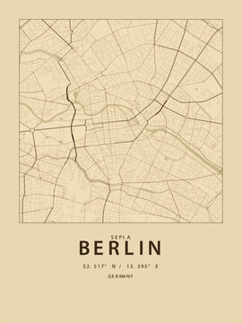 Minimalist vintage sepia map of berlin germany with geographic coordinates vector illustration