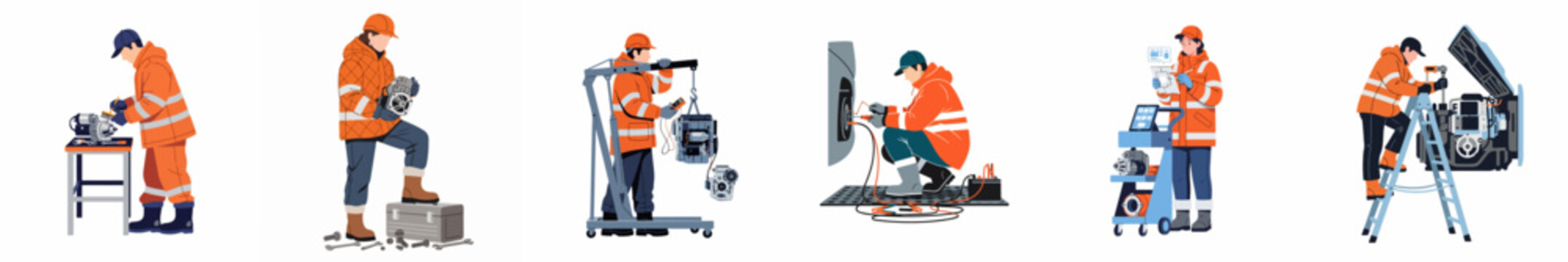 Vector set of professional mechanics in high-visibility safety uniforms performing various engine repairs, diagnostics, and maintenance tasks in a workshop or industrial setting.