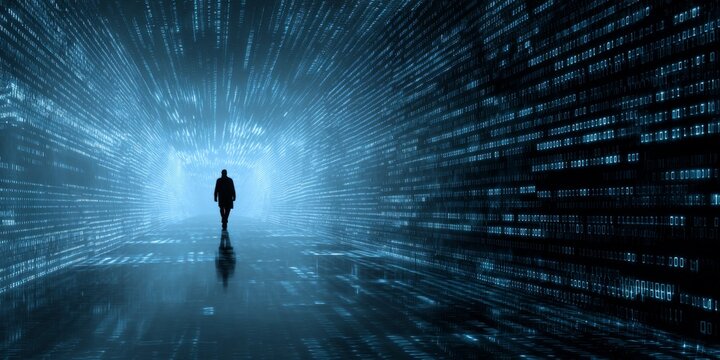 Mysterious silhouette of a person walking through a futuristic tunnel illuminated by digital data streams and binary code atmosphere