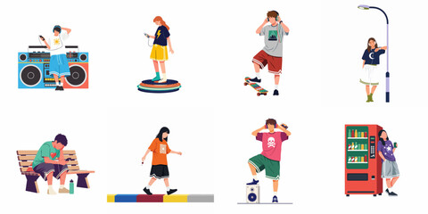 Fototapeta premium Flat vector illustration collection of diverse teenagers and young adults enjoying music and technology in various urban lifestyle settings.