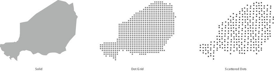 Obraz premium Map of niger in three different styles solid, dot grid, and scattered dots vector illustration